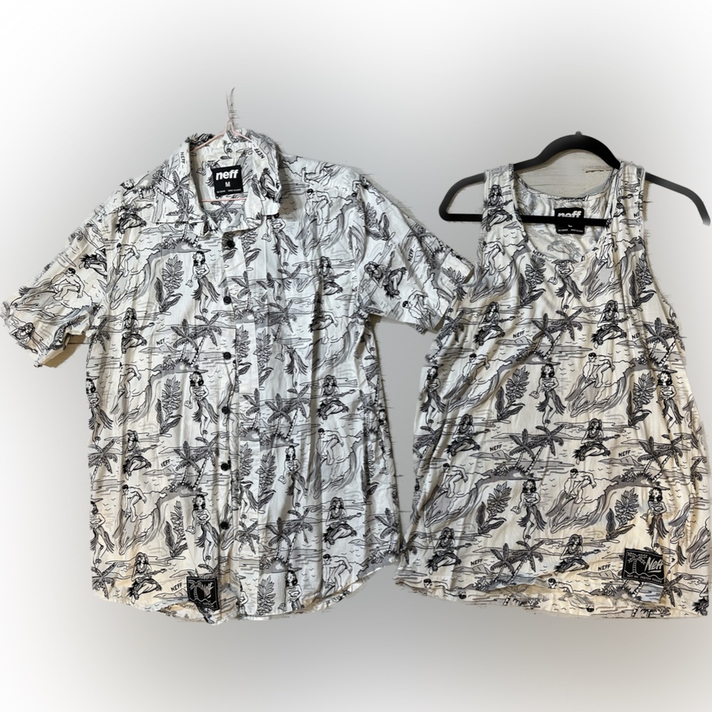 neff tank top (L) & matching button up short sleeve (M) Pinup Hula Hawaii